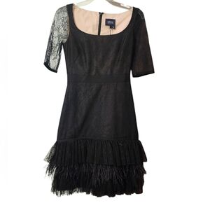 Marchesa Notte Black Lace Feathered Mini Cocktail Dress - 2